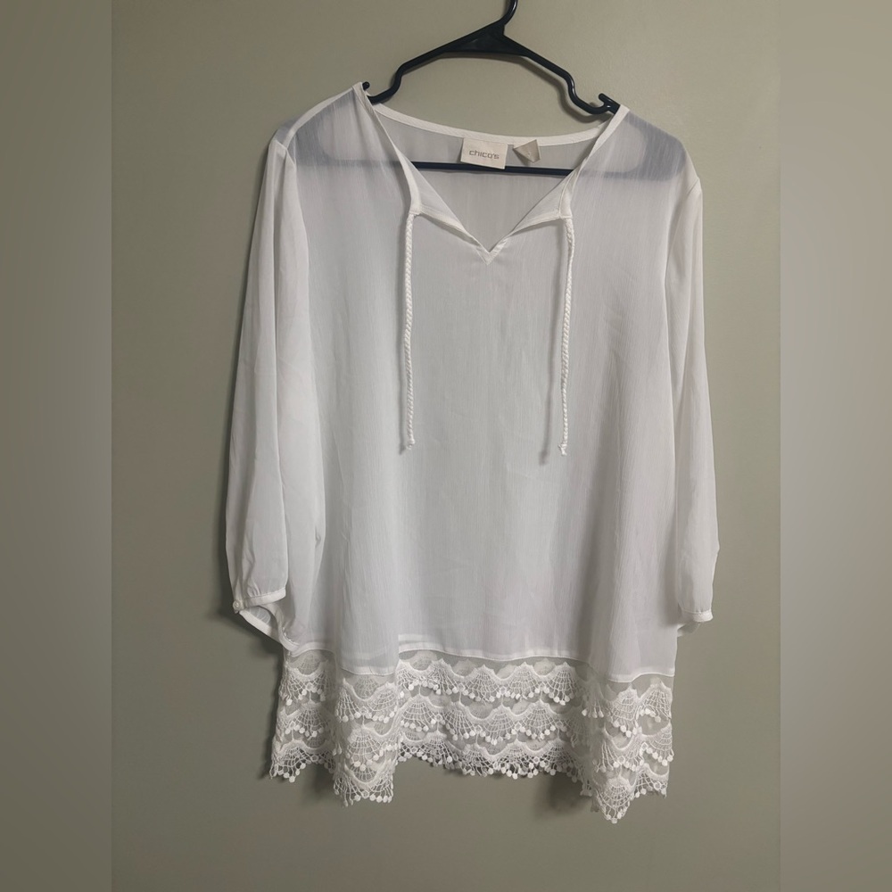 Chico's Semi Sheer White Blouse Top Shirt Size 2/ Medium Lace Hem Tunic Flowy
